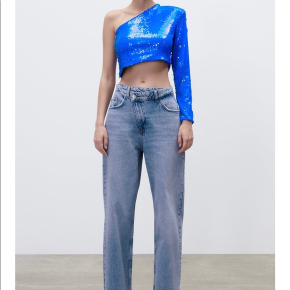 ZARA SEQUIN SPARKLY Asymmetric Cobalt Blue Crop TOP Small - Picture 5 of 5